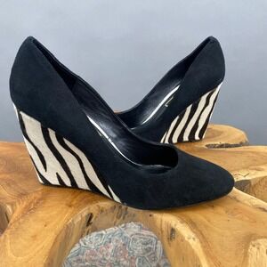 Beverly Feldman Black Suede Zebra Wedge Heels Shoes Women Size 10 Calf Hair